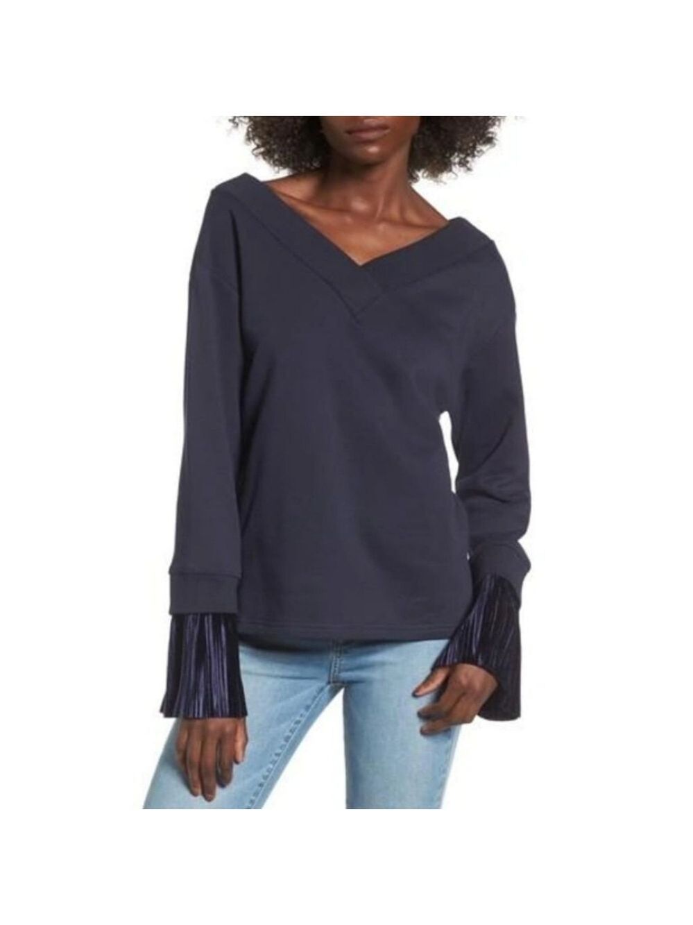 J.O.A Navy Blue Pleated Cuff Sweatshirt